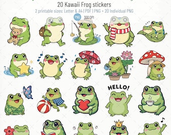 Kawaii Frog Stickers Pack | Cute Frog Activities Stickers | Printable PNG & PDF | Planner, Journal, Love Scrapbook Stickers, Valentine PNG