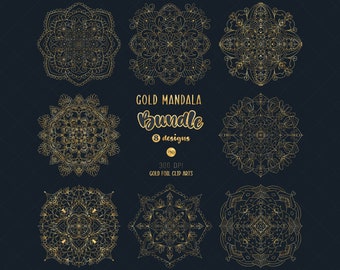 May include: A set of eight gold mandala designs. The mandalas are intricate and detailed, with a variety of patterns and shapes. The designs are perfect for adding a touch of elegance to any project.