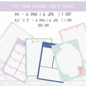 May include: A collection of cute kawaii planner sheets with pig illustrations. The sheets come in various pastel colors, including pink, purple, and blue, with dotted and lined pages. The text at the top reads "CUTE KAWAII PLANNER SHEETS BUNDLE". The sheets are available in 8.5" x 11" and A4 sizes.