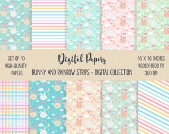 Cute Bunny Digital Paper Bundle, Valentine Wrapping, Kawaii Bunny Children Fabric, Children Background, Bunny Birthday Paper, Baby Shower