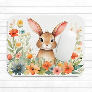 Aquarell Kaninchen-Mauspad Design, Blumenkaninchen PNG Sublimation, Häschen Sublimation PNG, Arbeitsplatz Bürodesign, Kinder Mauspad PNG