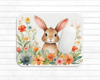 Watercolor Rabbit Mouse Pad Design, Floral Rabbit PNG Sublimation, Bunny Sublimation PNG, Workspace Office Design, Children Mouse Pad PNG