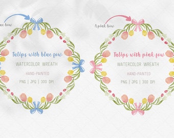 Aquarell Blumenkranz PNG: Tulpen, Schleifen Pink & Blau (Digital Download)