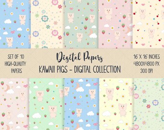 Cute Floral Pig Digital Paper Bundle, Kawaii Pig Children Fabric, Cute Wrapping, Children Background, Pig Birthday Paper, Baby Shower Paper