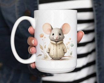 Cute Mouse Mug Wrap Design, Mug PNG For Kids, Watercolor Floral Mug Sublimation Design, Mouse 11oz Coffee Cup Wrap, Mouse 15oz Mug Wrap PNG