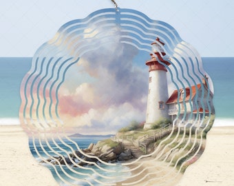 Watercolor Lighthouse Spinner Wrap Design, Sea Sublimation PNG Design, 10-inch Wind Spinner Design, Summer PNG, Beach Sublimation Design