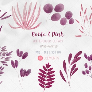 Hojas de acuarela de color granate, conjunto de imágenes prediseñadas, paquete de plantas de acuarela roja, plantas rojas, conjunto pintado a mano, uso comercial