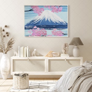 Japan Sakura Tree Blossom and Fuji Oil Painting Art, Landscape Mountain Printable Art, Spring Cherry Blossom, Grange Home Decor, Wall Art image 5