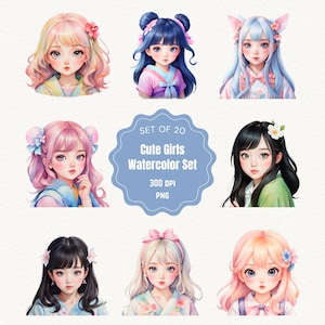 Cute Girls PNG, Watercolor Clipart Bundle, Illustration Set, Anime Girls PNG, Children Clipart, Kids Clipart, Junk Journal, Scrapbook