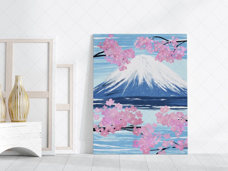 Japan Sakura Tree Blossom and Fuji Oil Painting Art, Landscape Mountain Printable Art, Spring Cherry Blossom, Grange Home Decor, Wall Art image 4