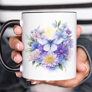 Aquarell Motte Tassenverpackung, Aquarell Blumentasse Sublimationsdesign, 15 Unzen Tassenverpackung PNG, Blumen Kaffeetasse PNG 11 Unzen Verpackung, Retro Schmetterling PNG