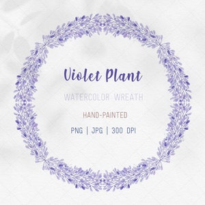 Corona morada primaveral de acuarela, sublimación PNG, corona de hojas violetas, clipart de planta, pegatina para diario, descarga instantánea, uso comercial