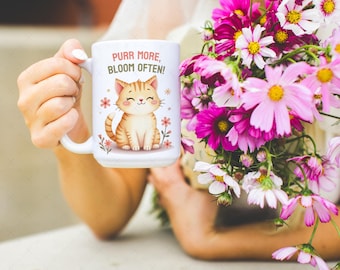 Diseño de taza de gato lindo PNG, Purr More, Bloom Sometimes, taza de sublimación con flores pastel kawaii, descarga digital de 11 oz y 15 oz