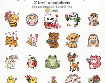 Kawaii Cute Animals Sticker Sheet | Cute Spring Stickers | 20 Printable Spring Animal Stickers | Instant Download PDF PNG