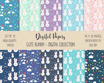 Kawaii Bunny Digital Paper Bundle, Children's Fabric (Digital Download)
