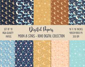 Moon and Stars Boho Paper, Sun Boho Paper Bundle, Stars Boho Pattern, Ethnic Background, Boho Style Paper, Gift Wrapping, Boho Pattern