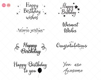 Può includere: Un set di sei biglietti di auguri di compleanno in bianco e nero con messaggi diversi. I biglietti presentano le parole "Buon compleanno", "Auguri più cari", "Congratulazioni" e "Sei fantastico".