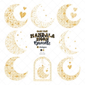 Paquete PNG de luna de mandala dorada, luna navideña PNG, corazones dorados PNG, lunas con brillo místico, paquete de sublimación de lámina dorada para San Valentín