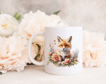 Watercolor Floral Fox Mug Wrap, Watercolor Floral Mug Sublimation Design, Flowers 11oz Coffee Cup Wrap, Watercolor Fox 15oz Mug Wrap PNG