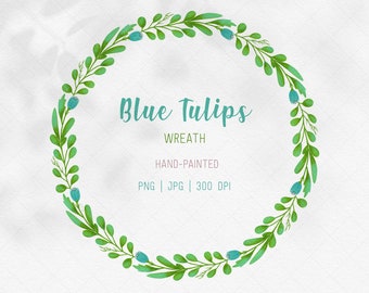 Aquarell Kranz, Sublimation Png, Blaue Tulpenblume, Blauer Tulpenkranz, Bunter Blumenkranz, Osterfrühlingskranz, Hochzeitskranz