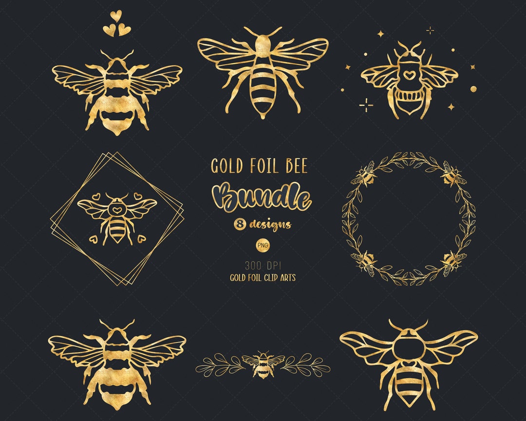 Gold Foil Bee PNG Bundle, Golden Bee PNG, Gold Bees PNG, Gold Glitter