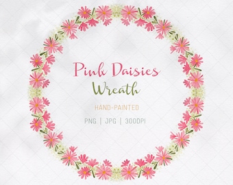 Corona de margaritas rosas en acuarela: Flores de primavera PNG, JPEG (Descarga digital)