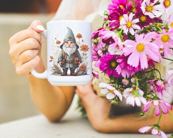 Cute Gnome Mug Wrap Design, Mug PNG For Kids, Watercolor Floral Mug Sublimation Design, Gnome 11oz Coffee Cup Wrap, Gnome 15oz Mug Wrap PNG