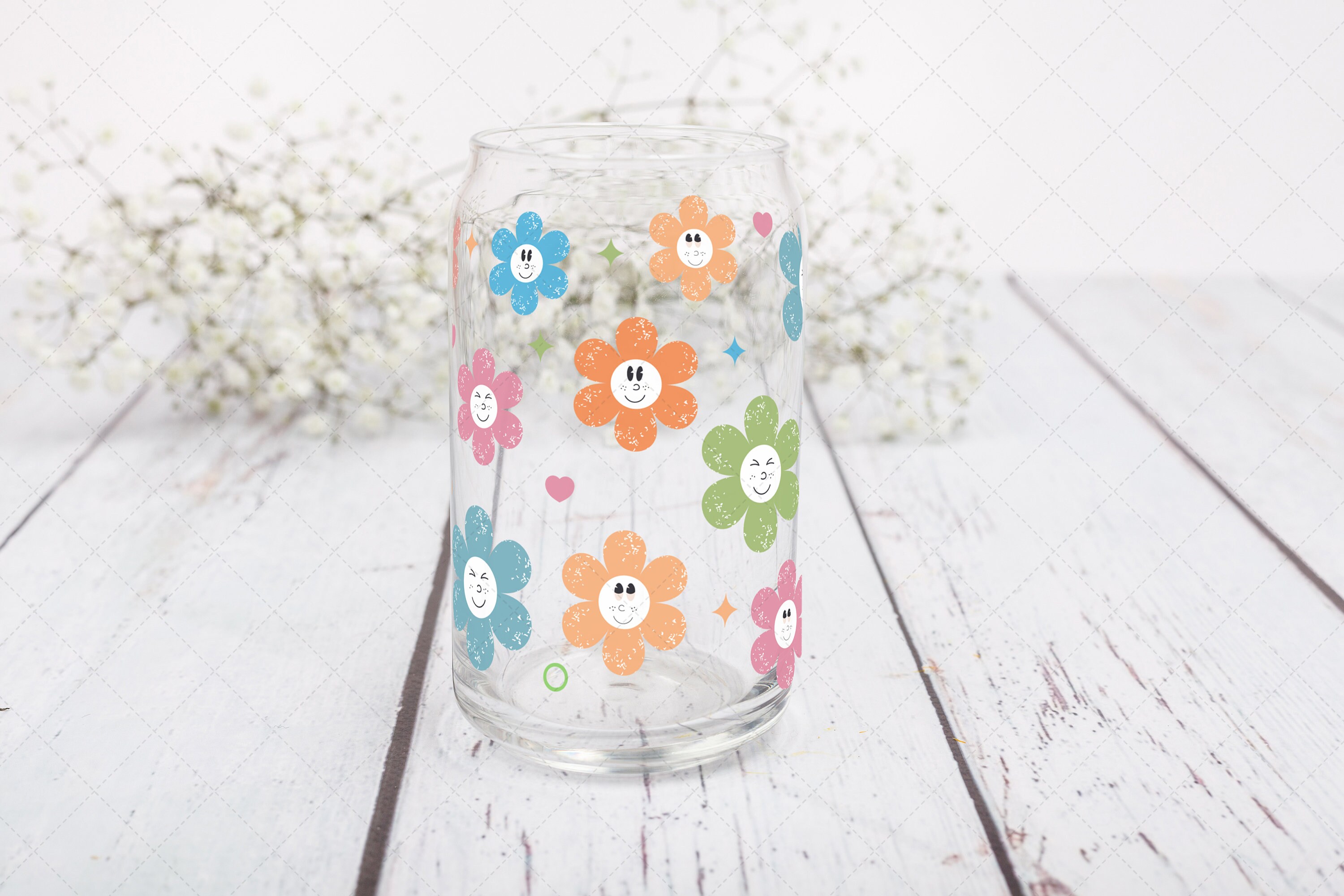 Retro Flowers Wrap SVG for Libbey Can Glass 16oz, Retro Flowers Can ...