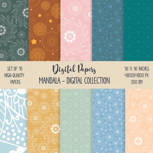 May include: Set of 10 digital papers featuring mandala designs in various colors, including teal, brown, pink, yellow, and blue. The papers are 16 inches by 16 inches and 300 DPI.