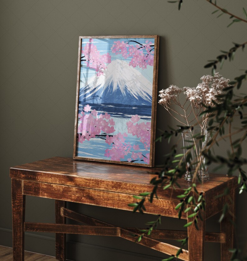 Japan Sakura Tree Blossom and Fuji Oil Painting Art, Landscape Mountain Printable Art, Spring Cherry Blossom, Grange Home Decor, Wall Art image 7