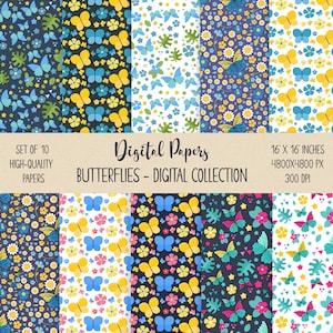 Paquete de papel digital de mariposas y margaritas, papel de cumpleaños con mariposas, papel de regalo de Pascua, paquete de papel digital infantil, papel para baby shower