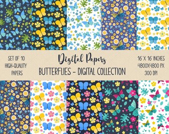 Digitale papieren bundel vlinders en madeliefjes, verjaardagspapier vlinders, paasverpakking, digitale papieren bundel voor kinderen, papier babyshower