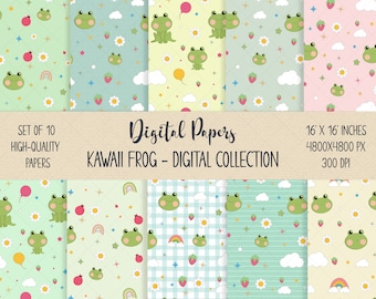 Paquete de papel digital de ranas adorables, tela infantil de ranas kawaii, papel de regalo bonito, fondo infantil, papel de cumpleaños de ranas, papel para baby shower