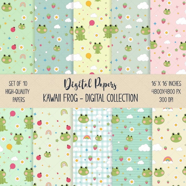 Paquete de papel digital de rana linda, tela para niños de rana Kawaii, envoltorio lindo, fondo para niños, papel de cumpleaños de rana, papel de baby shower