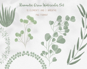 Watercolor Green Eucalyptus Leaves, Green Clipart PNG, Clipart Set, Instant download, watercolor clipart, Wedding bouquet, Hand-Painted