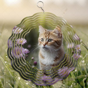 Adesivo para cata-vento com gatinho, estampa PNG sublimada de gatinho ruivo floral, design para cata-vento de 25 cm, presente para a vovó, margarida rosa PNG