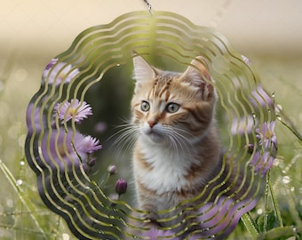 Kitty Spinner Wrap, Floral Redhead Kitten Sublimation PNG Design, 10-inch Wind Spinner Design, Gift for Grandma, Pink Daisy PNG