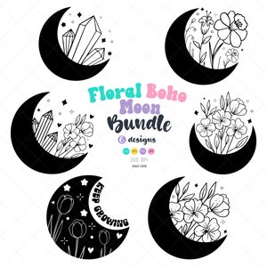 Paquete SVG de lunas bohemias florales, SVG de lunas celestiales, SVG de brujas, paquete SVG de sublimación, archivo de corte, paquete SVG de flores místicas, archivos Cricut