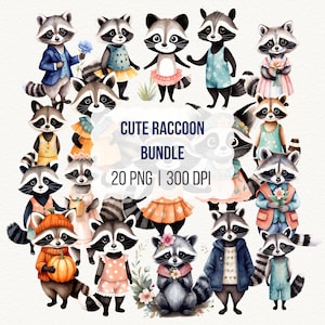 Raccoon Illustrations Bundle, Cute Watercolor Cartoon Raccoons, 20 PNG, Digital Clipart for Scrapbooking, Stickers, and DIY Projects