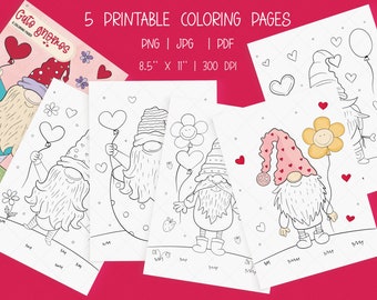 Cute Gnomes Coloring Pages, Procreate Coloring Pages, Valentine Coloring Pages, Set of 5 For Adults And Children, Digital Printable Pages