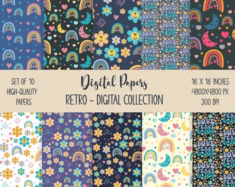 Groovy Retro Boho Paper, Vintage Boho Paper Bundle, Hippie Pattern, Rainbow Background, Gift Wrapping, Boho Pattern, Retro Fabric