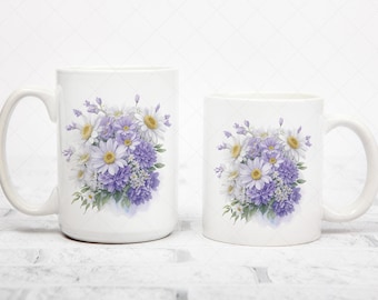 Watercolor Daisy Flowers Mug Wrap, Watercolor Floral Mug Sublimation Design, 15oz Mug Wrap PNG, Coffee Mug PNG 11oz Wrap, Retro PNG