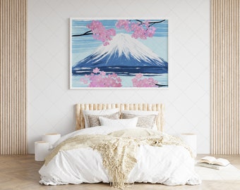 Japan Sakura Tree Blossom and Fuji Oil Painting Art, Landscape Mountain Printable Art, Spring Cherry Blossom, Grange Home Decor, Wall Art