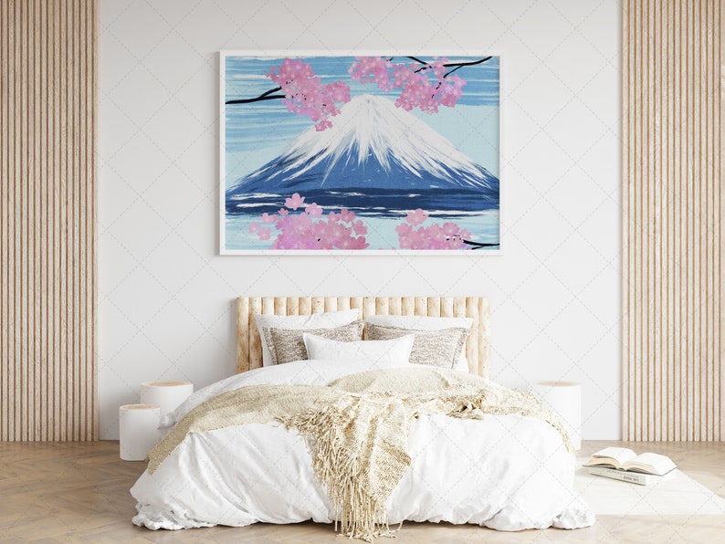 Japan Sakura Tree Blossom and Fuji Oil Painting Art, Landscape Mountain Printable Art, Spring Cherry Blossom, Grange Home Decor, Wall Art image 1