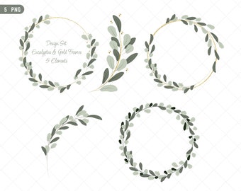 Eucalyptus Bundle Png, Gold Foil frames, Green Eucalyptus Leaves Set, Glitter Wreaths, Sublimation Png, Hand-Drawn Wedding set, Clipart PNG