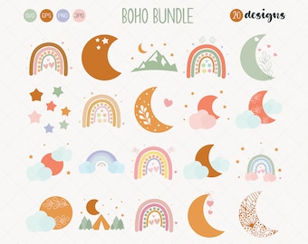 May include: A set of 20 boho-style digital designs featuring rainbows, moons, stars, and clouds. The designs are perfect for creating invitations, cards, and other crafts.