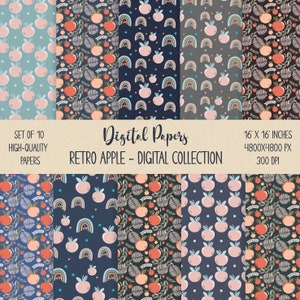 Padrão retrô de maçã, tecido retrô de maçã, papel boho descolado, pacote de papel boho vintage, padrão hippie, fundo de arco-íris, embrulho para presente