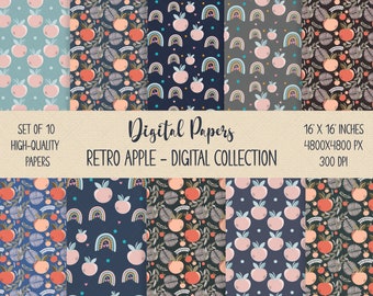 Apple Retro Pattern, Retro Apple Fabric, Groovy Boho Paper, Vintage Boho Paper Bundle, Hippie Pattern, Rainbow Background, Gift Wrapping