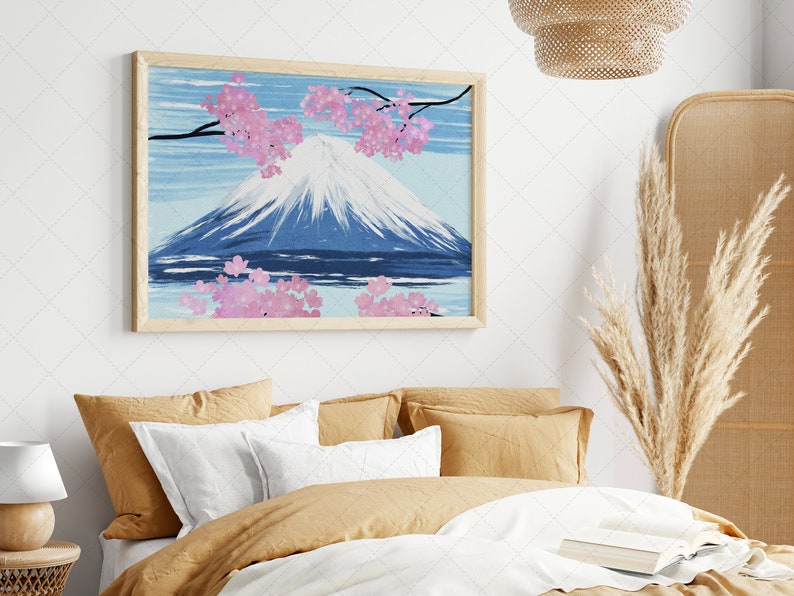 Japan Sakura Tree Blossom and Fuji Oil Painting Art, Landscape Mountain Printable Art, Spring Cherry Blossom, Grange Home Decor, Wall Art image 3