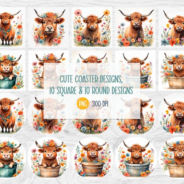 Cute Cow Coaster Bundle Design, Kids Square Coasters, Childish Round Car Coaster Designs, Watercolor Cow Coaster PNG, Cute Cow Office Design